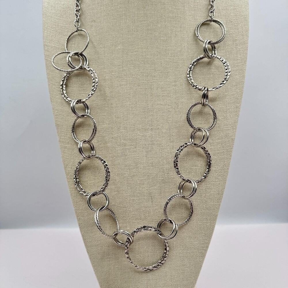 Vintage 90s Silver Tone Hammered Multi Circle Link Statement Necklace Jewelry